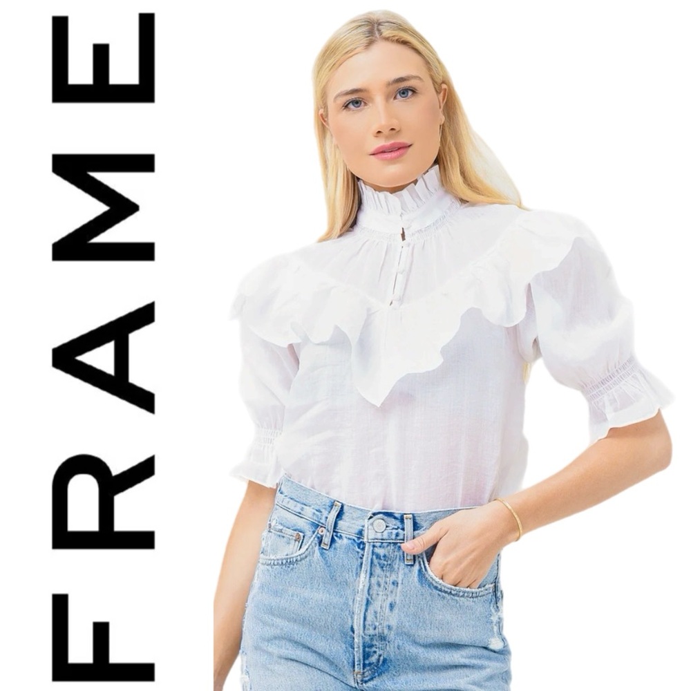 Frame Ruffle Flounce Top Size Small White  Ramie Blouse